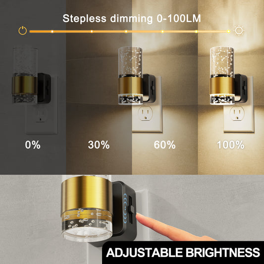 YANSUN 1W Plug-in Night Light with Bubble Acrylic Columns & Copper Finish, 3000K Warm White, 2-Pack