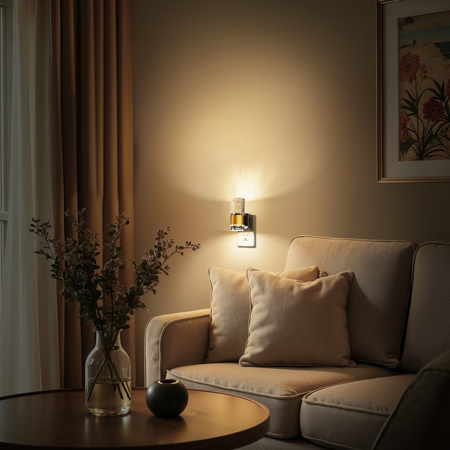 YANSUN 1W Plug-in Night Light with Bubble Acrylic Columns & Copper Finish, 3000K Warm White, 2-Pack