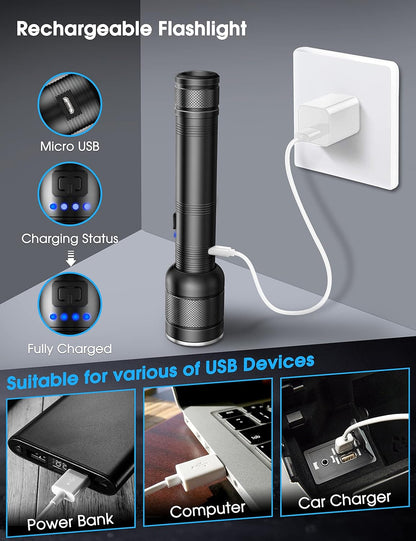 2000 Lumen Rechargeable LED Flashlight with Zoomable, 4 Modes, and Water Resistant, Ideal for Camping, Emergence(2-Pack)