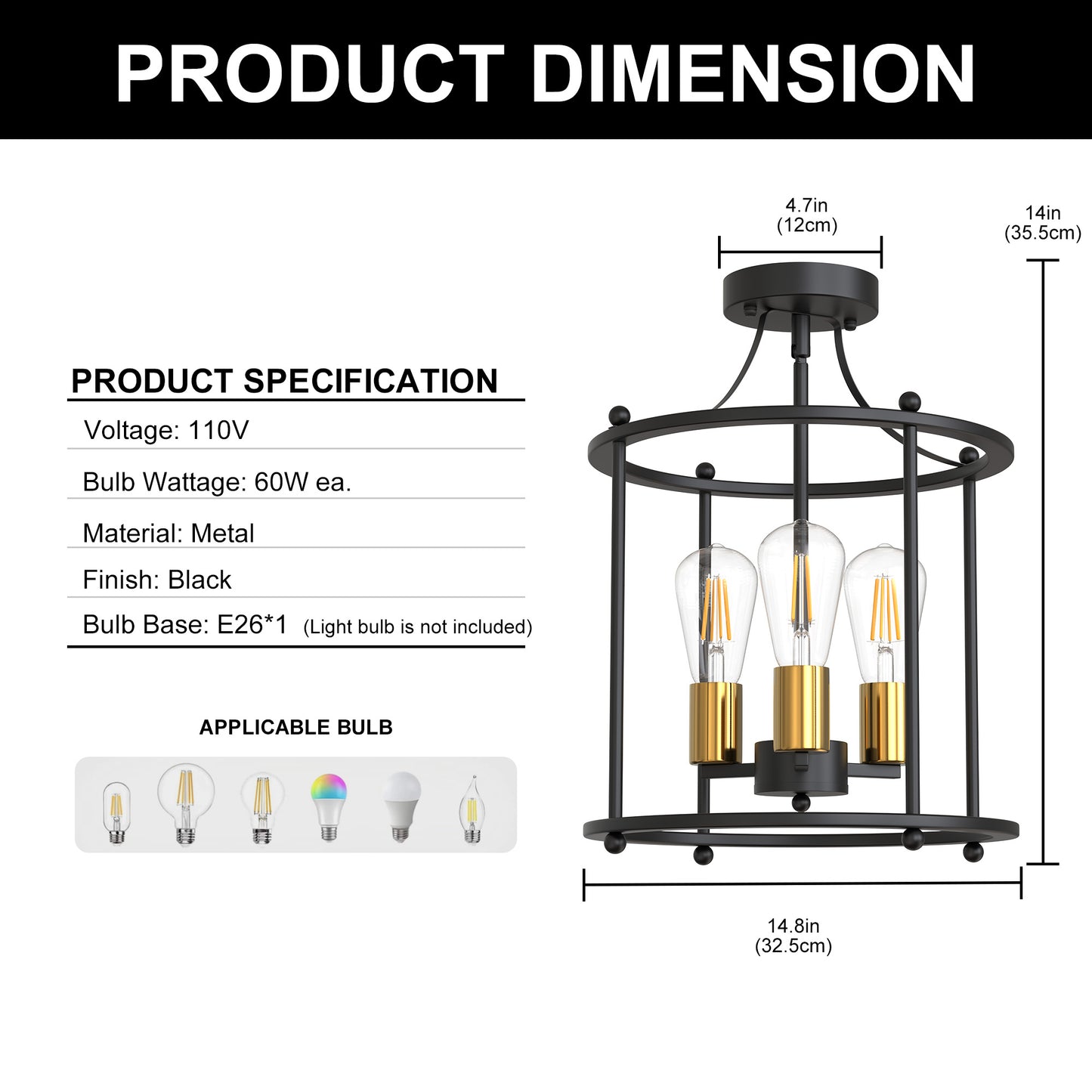 YANSUN 13 in. 3-Light Black Vintage Drum Farmhouse Semi-Flush Mount Ceiling Fixture with No Glass Shade 1-pack