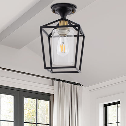 7 in. 1-Light Black Gold Semi Flush Mount Ceiling Light,Farmhouse Retro Cage Kitchen Lighting Fixtures with Glass Shade