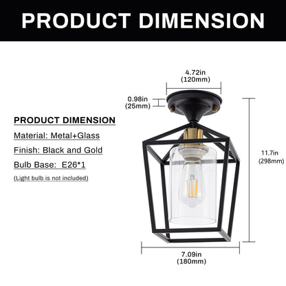 7 in. 1-Light Black Gold Semi Flush Mount Ceiling Light,Farmhouse Retro Cage Kitchen Lighting Fixtures with Glass Shade
