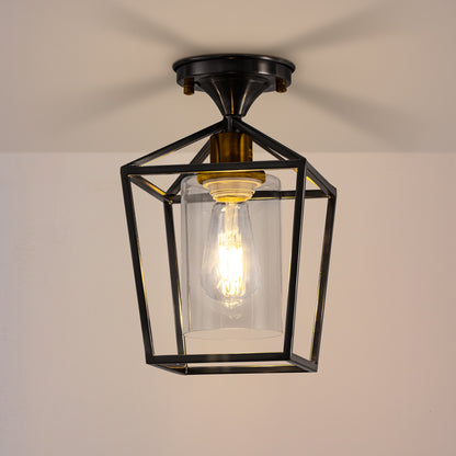 7 in. 1-Light Black Gold Semi Flush Mount Ceiling Light,Farmhouse Retro Cage Kitchen Lighting Fixtures with Glass Shade