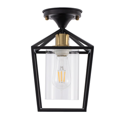 7 in. 1-Light Black Gold Semi Flush Mount Ceiling Light,Farmhouse Retro Cage Kitchen Lighting Fixtures with Glass Shade