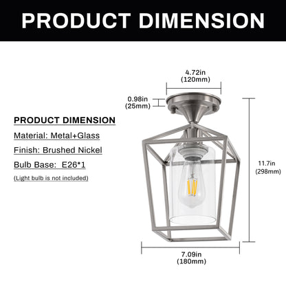7 in. 1-Light Nickel Semi Flush Mount Ceiling Light, Farmhouse Retro Cage Kitchen Lighting Fixtures with Glass Shade