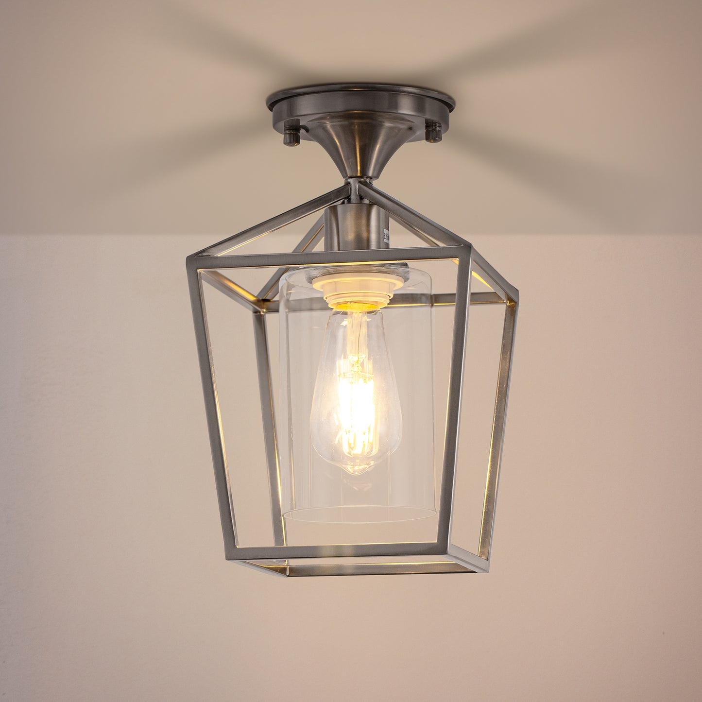 7 in. 1-Light Nickel Semi Flush Mount Ceiling Light, Farmhouse Retro Cage Kitchen Lighting Fixtures with Glass Shade