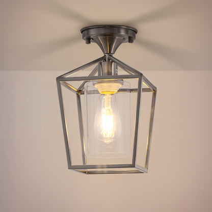 7 in. 1-Light Nickel Semi Flush Mount Ceiling Light, Farmhouse Retro Cage Kitchen Lighting Fixtures with Glass Shade