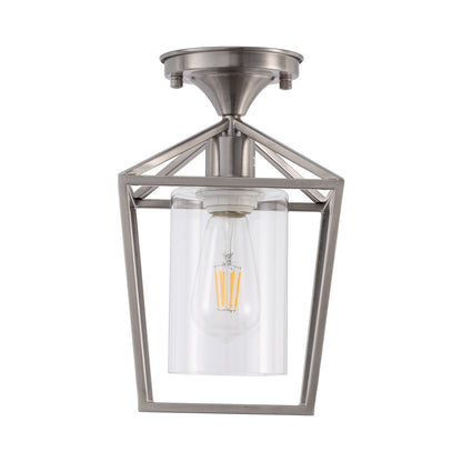 7 in. 1-Light Nickel Semi Flush Mount Ceiling Light, Farmhouse Retro Cage Kitchen Lighting Fixtures with Glass Shade
