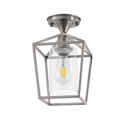 7 in. 1-Light Nickel Semi Flush Mount Ceiling Light, Farmhouse Retro Cage Kitchen Lighting Fixtures with Glass Shade