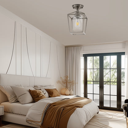 7 in. 1-Light Nickel Semi Flush Mount Ceiling Light, Farmhouse Retro Cage Kitchen Lighting Fixtures with Glass Shade