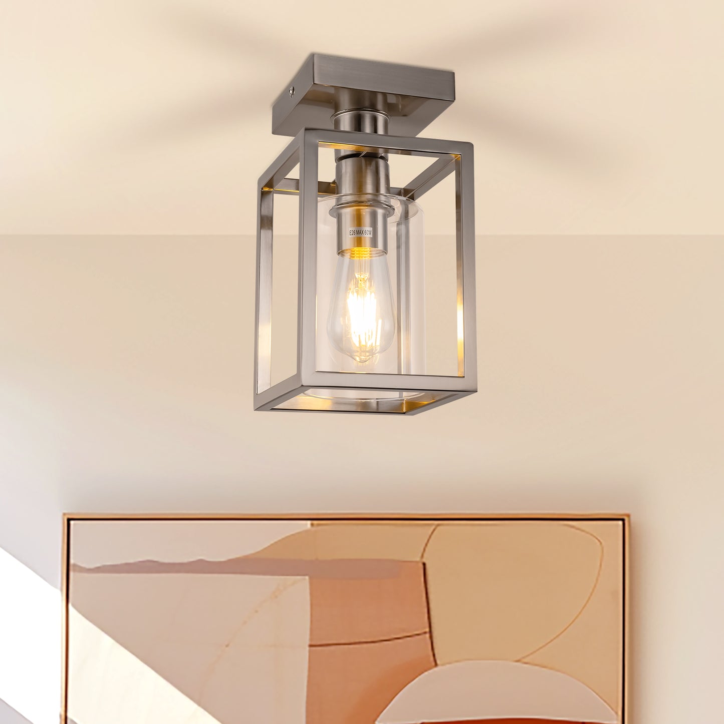 YANSUN 6 in. Nickel 1-Light Cage Semi Flush Mount Ceiling Light with Glass Shade for Living Room Hallway