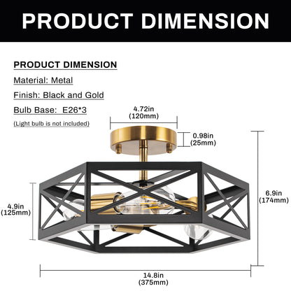 15 in. 3-Light Black Gold Flush Mount Modern Ceiling Light, Hallway Light Fixtures Ceiling Mount