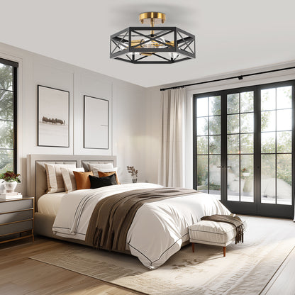 15 in. 3-Light Black Gold Flush Mount Modern Ceiling Light, Hallway Light Fixtures Ceiling Mount