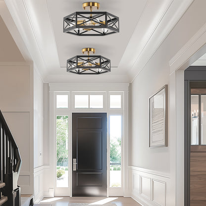 15 in. 3-Light Black Gold Flush Mount Modern Ceiling Light, Hallway Light Fixtures Ceiling Mount