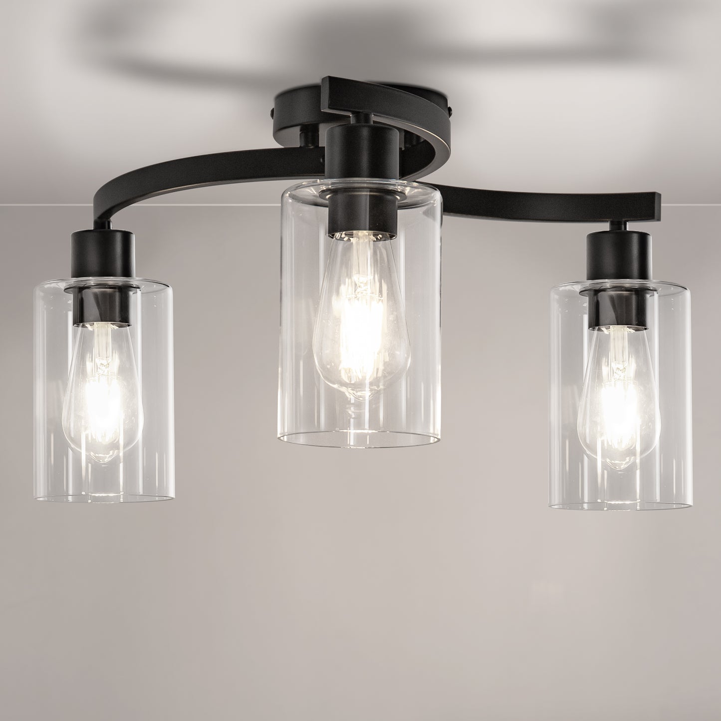 11.8 in. 3-Light Semi-Flush Mount Ceiling Light, Matte Black Bedroom Light Fixtures with Clear Glass Shades