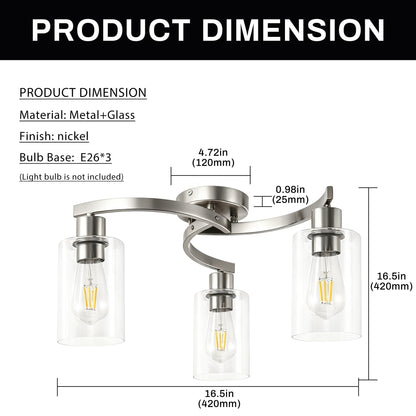 YANSUN 3-Light Twisted Tube Pendant with Clear Glass Shades, Brushed Nickel Finish, Industrial Modern Design