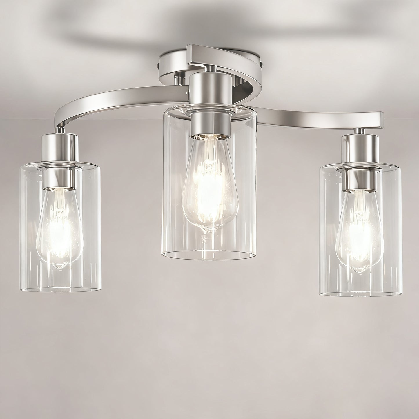YANSUN 3-Light Twisted Tube Pendant with Clear Glass Shades, Brushed Nickel Finish, Industrial Modern Design