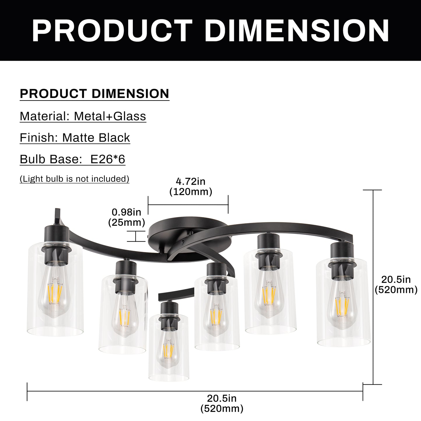 YANSUN 6-Light Semi Flush Mount Ceiling Light Matte Black Fixture with Explosion-Proof Glass Tubes E26 Base Bulb Not Included