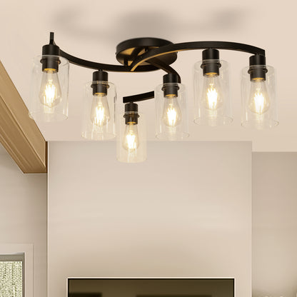 20.5 in. Black Semi-Flush Mount, 6-Light Industrial Ceiling Light, Hallway Light Fixtures with Clear Glass Shades