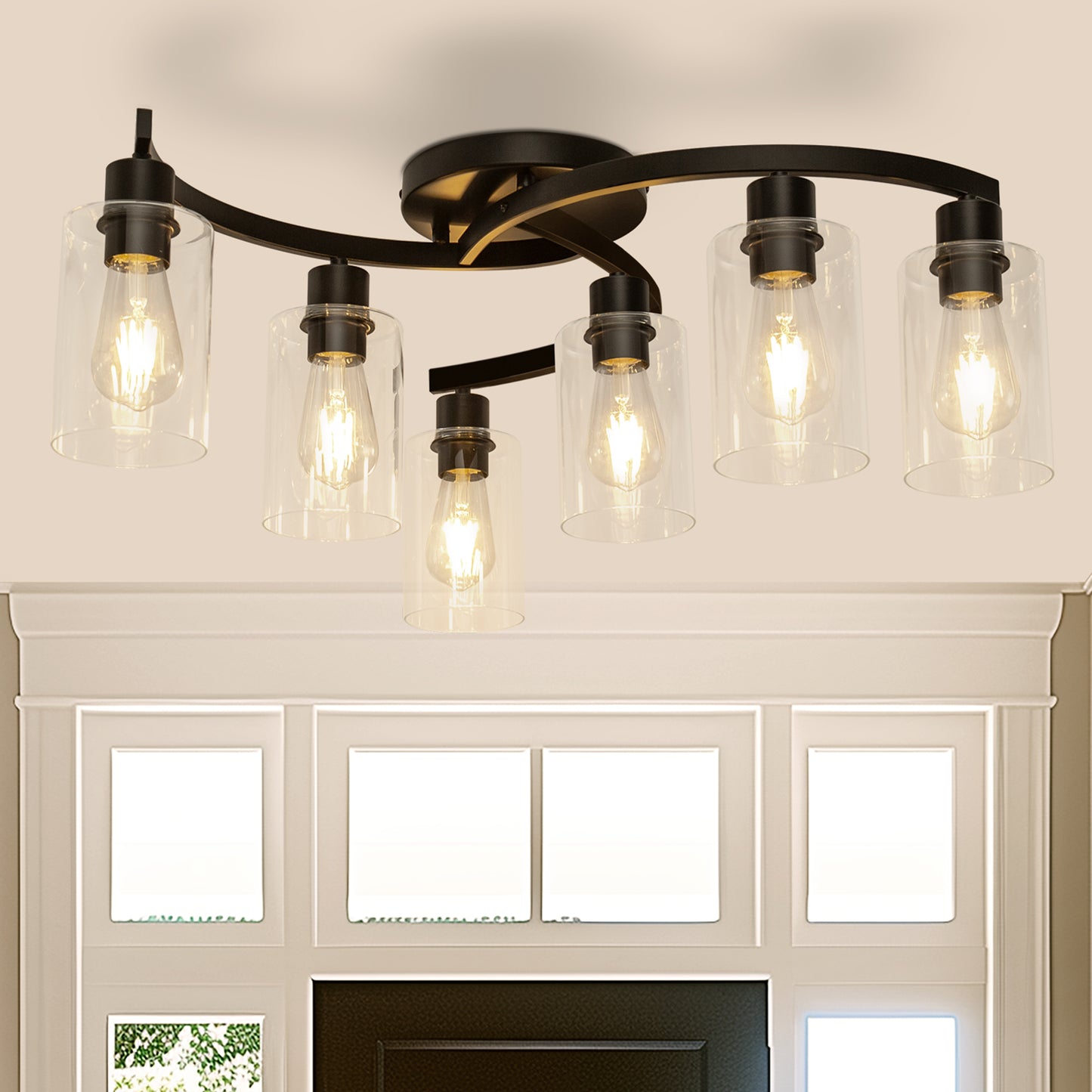 YANSUN 6-Light 20.5 in. Black Industrial Semi-Flush Mount Ceiling Light with Clear Glass Shades for Hallway or Entryway