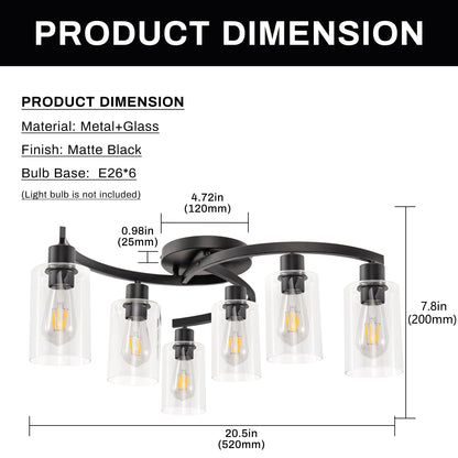 20.5 in. Black Semi-Flush Mount, 6-Light Industrial Ceiling Light, Hallway Light Fixtures with Clear Glass Shades