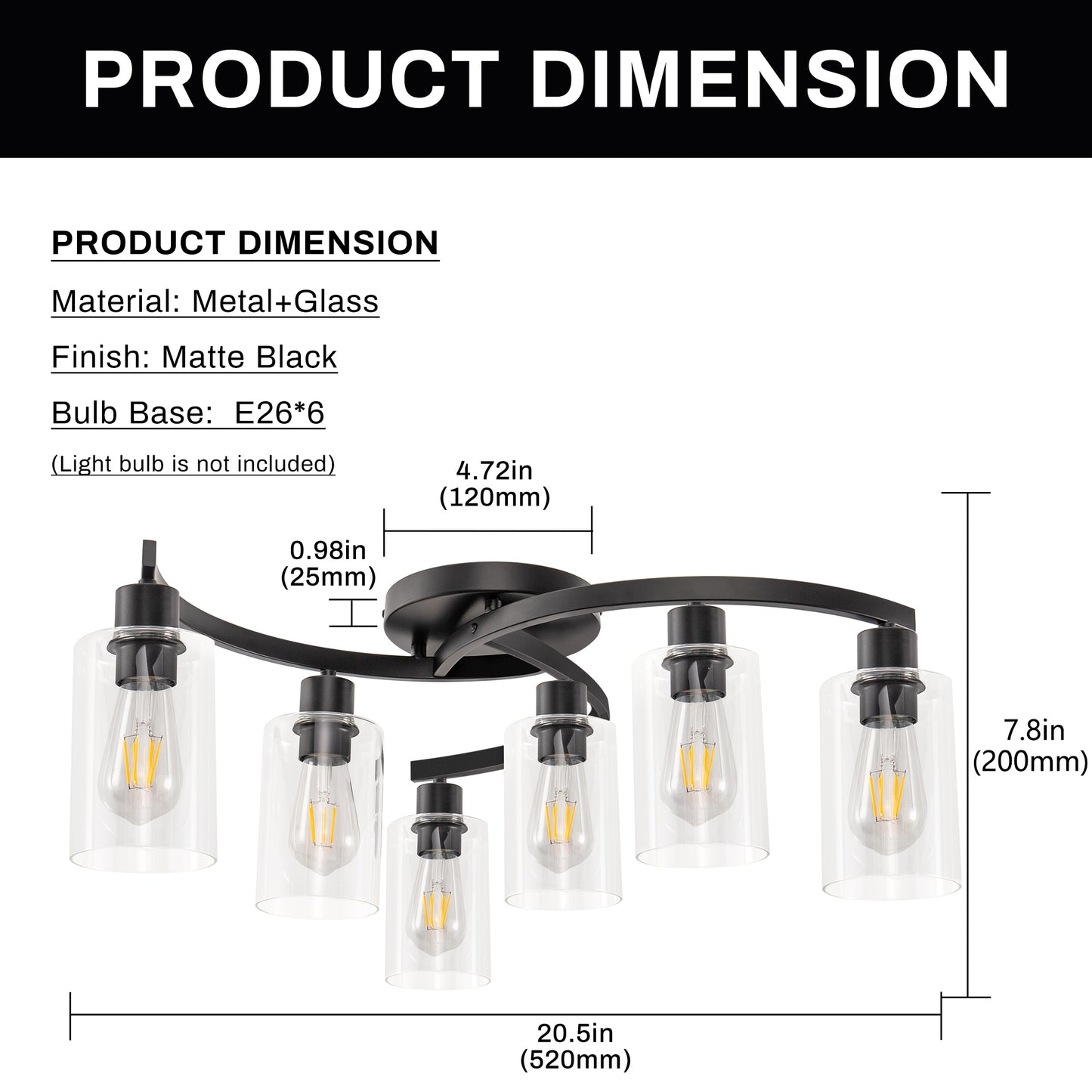 YANSUN 6-Light 20.5 in. Black Industrial Semi-Flush Mount Ceiling Light with Clear Glass Shades for Hallway or Entryway