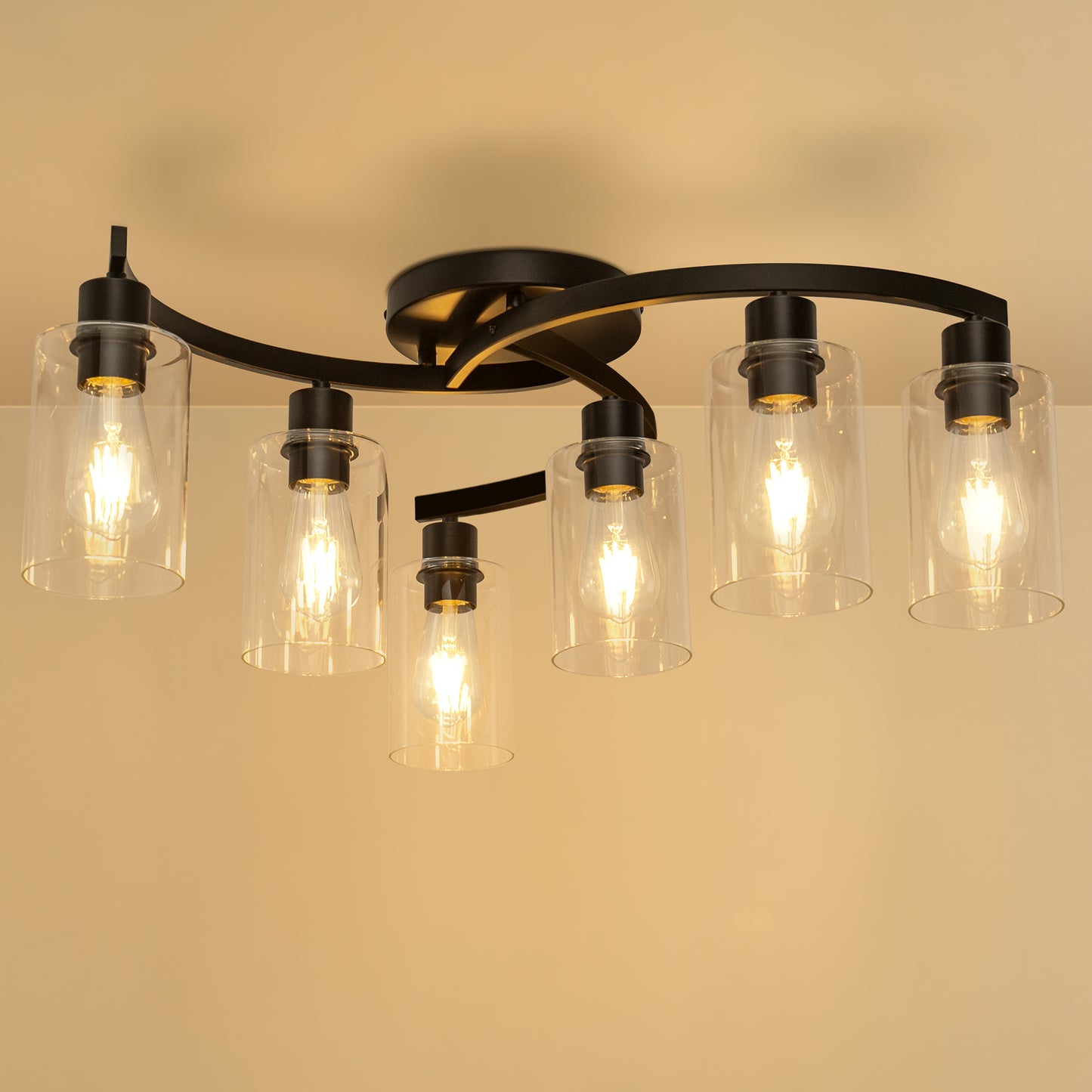 YANSUN 6-Light 20.5 in. Black Industrial Semi-Flush Mount Ceiling Light with Clear Glass Shades for Hallway or Entryway