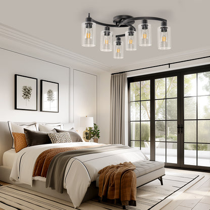 20.5 in. Black Semi-Flush Mount, 6-Light Industrial Ceiling Light, Hallway Light Fixtures with Clear Glass Shades