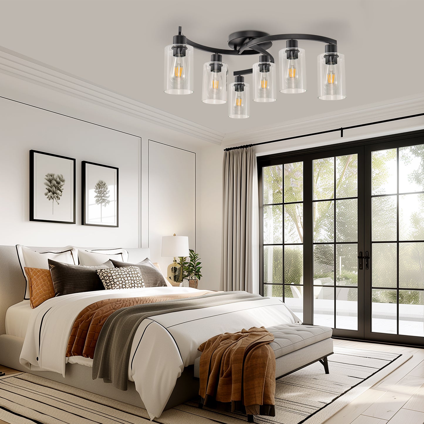 YANSUN 6-Light 20.5 in. Black Industrial Semi-Flush Mount Ceiling Light with Clear Glass Shades for Hallway or Entryway