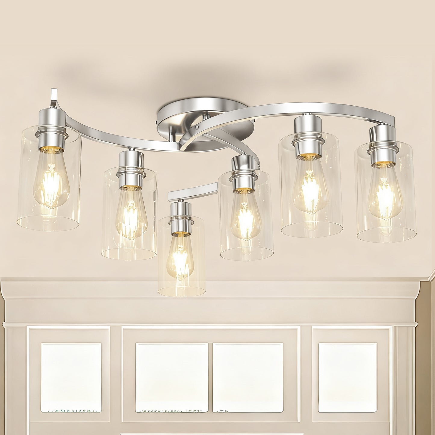 YANSUN 6-Light Twisted Tube Pendant with Clear Glass Shades, Brushed Nickel Finish, Industrial Modern Design