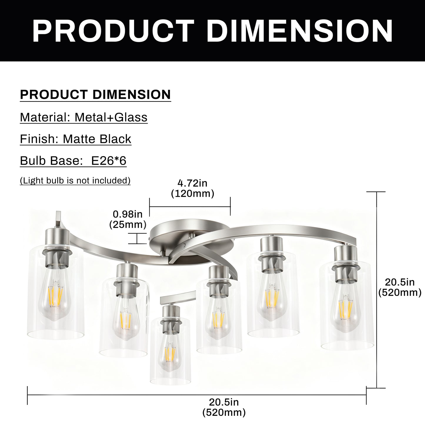 YANSUN 6-Light Twisted Tube Pendant with Clear Glass Shades, Brushed Nickel Finish, Industrial Modern Design