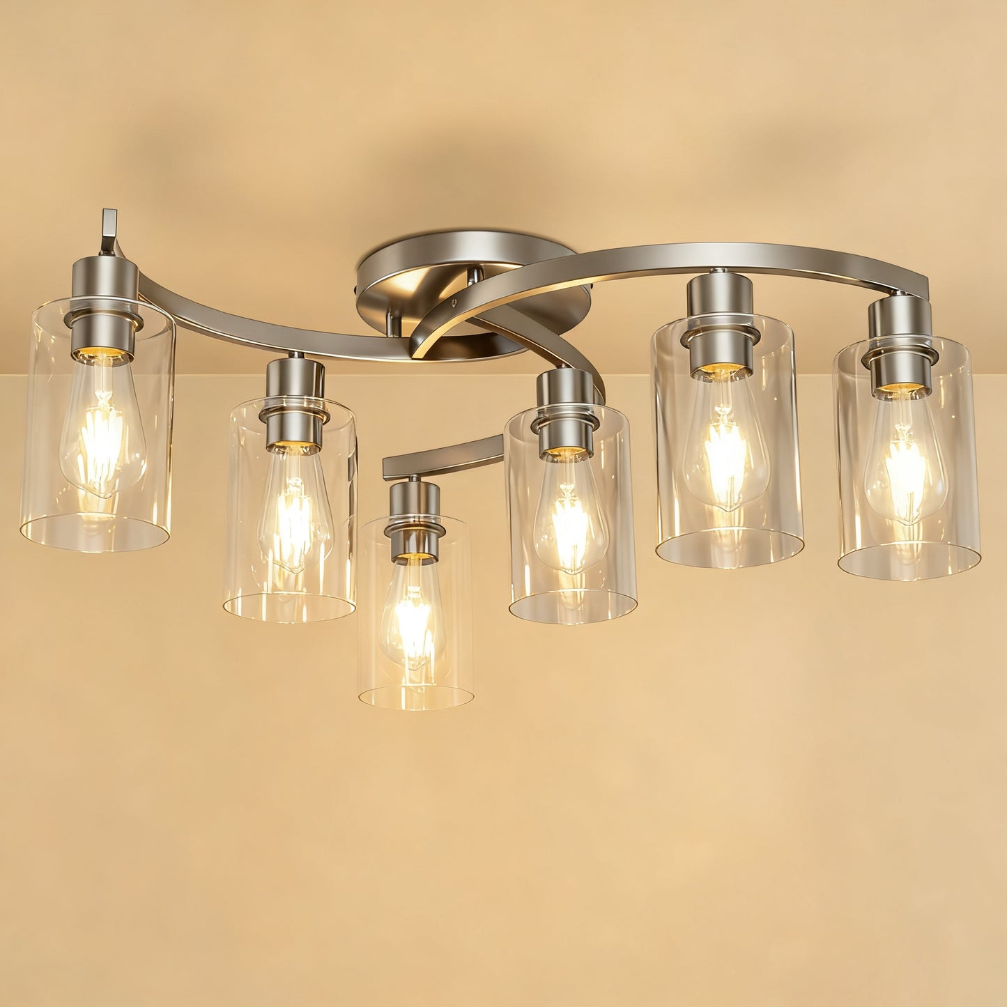 YANSUN 6-Light Twisted Tube Pendant with Clear Glass Shades, Brushed Nickel Finish, Industrial Modern Design