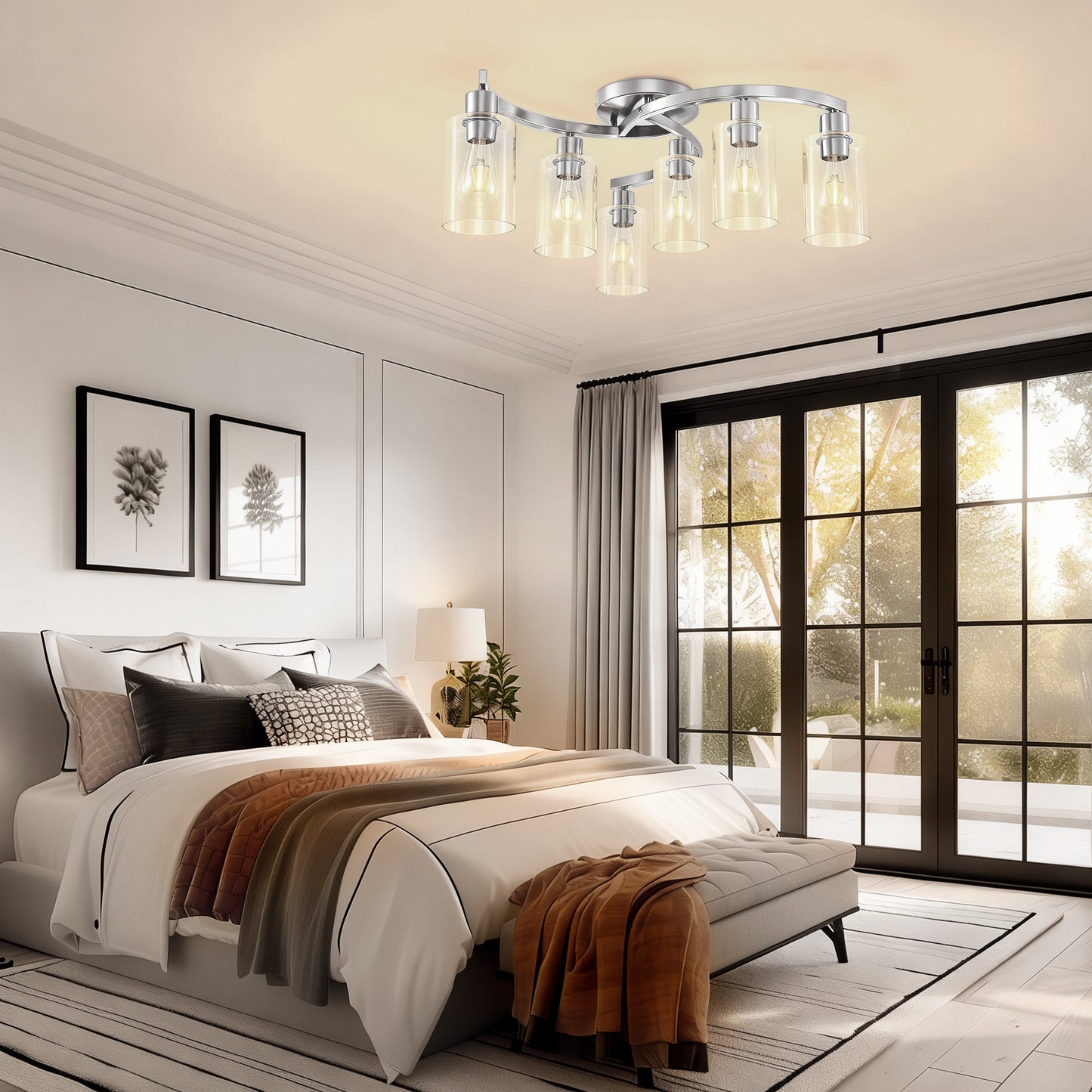 YANSUN 6-Light Twisted Tube Pendant with Clear Glass Shades, Brushed Nickel Finish, Industrial Modern Design