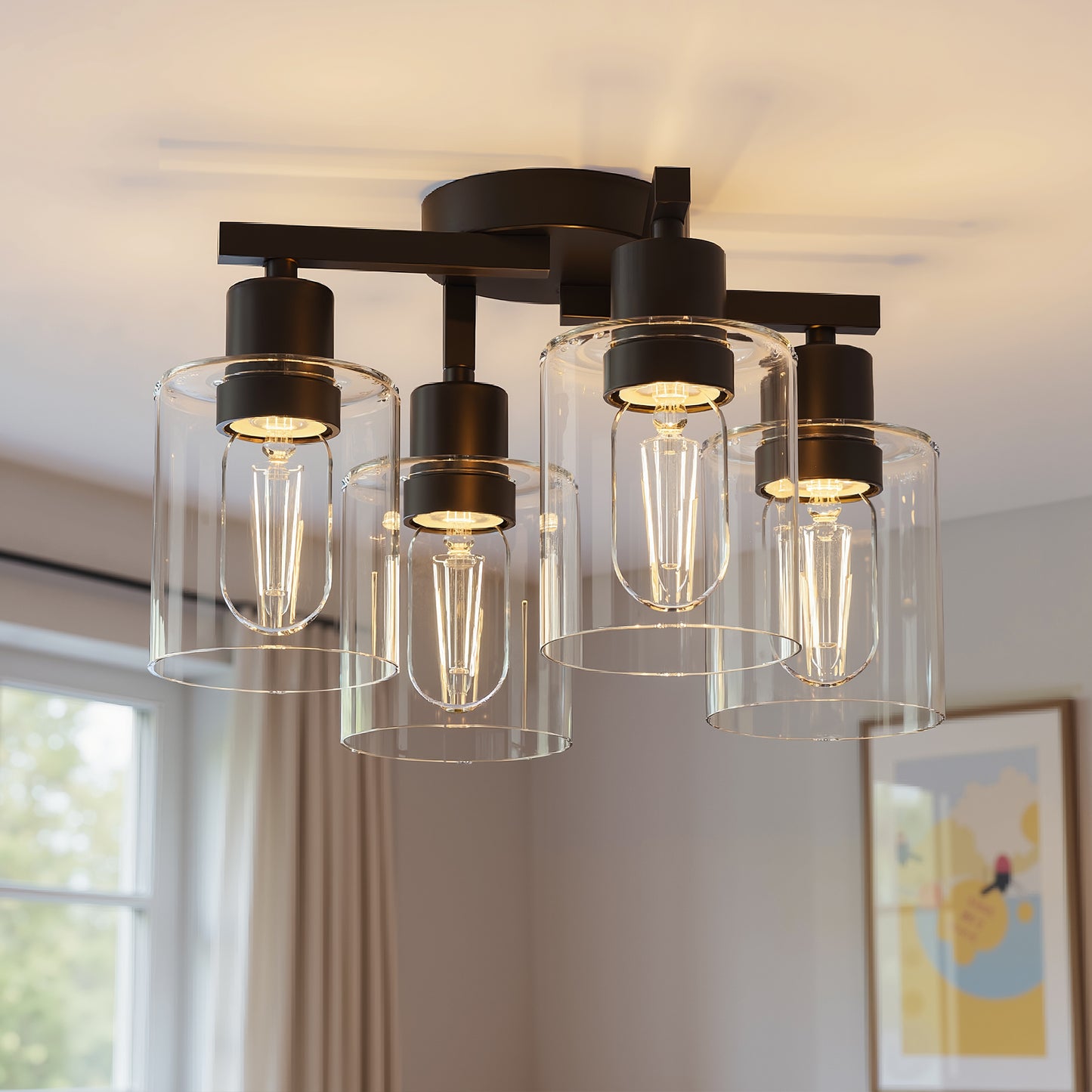 YANSUN 13.2 in. 4-Light Semi-Flush Mount Ceiling Light, Branch Design, Matte Black, Clear Glass Shades, Non-Integrated Bulb