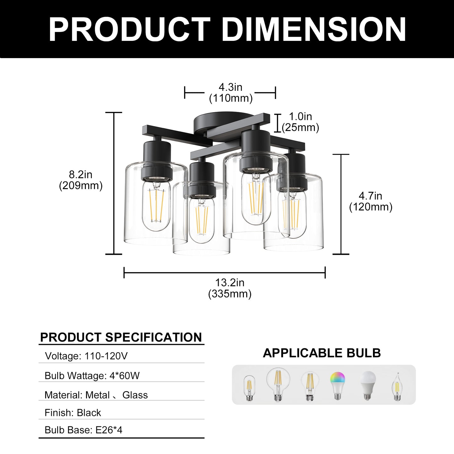 YANSUN 13.2 in. 4-Light Semi-Flush Mount Ceiling Light, Branch Design, Matte Black, Clear Glass Shades, Non-Integrated Bulb
