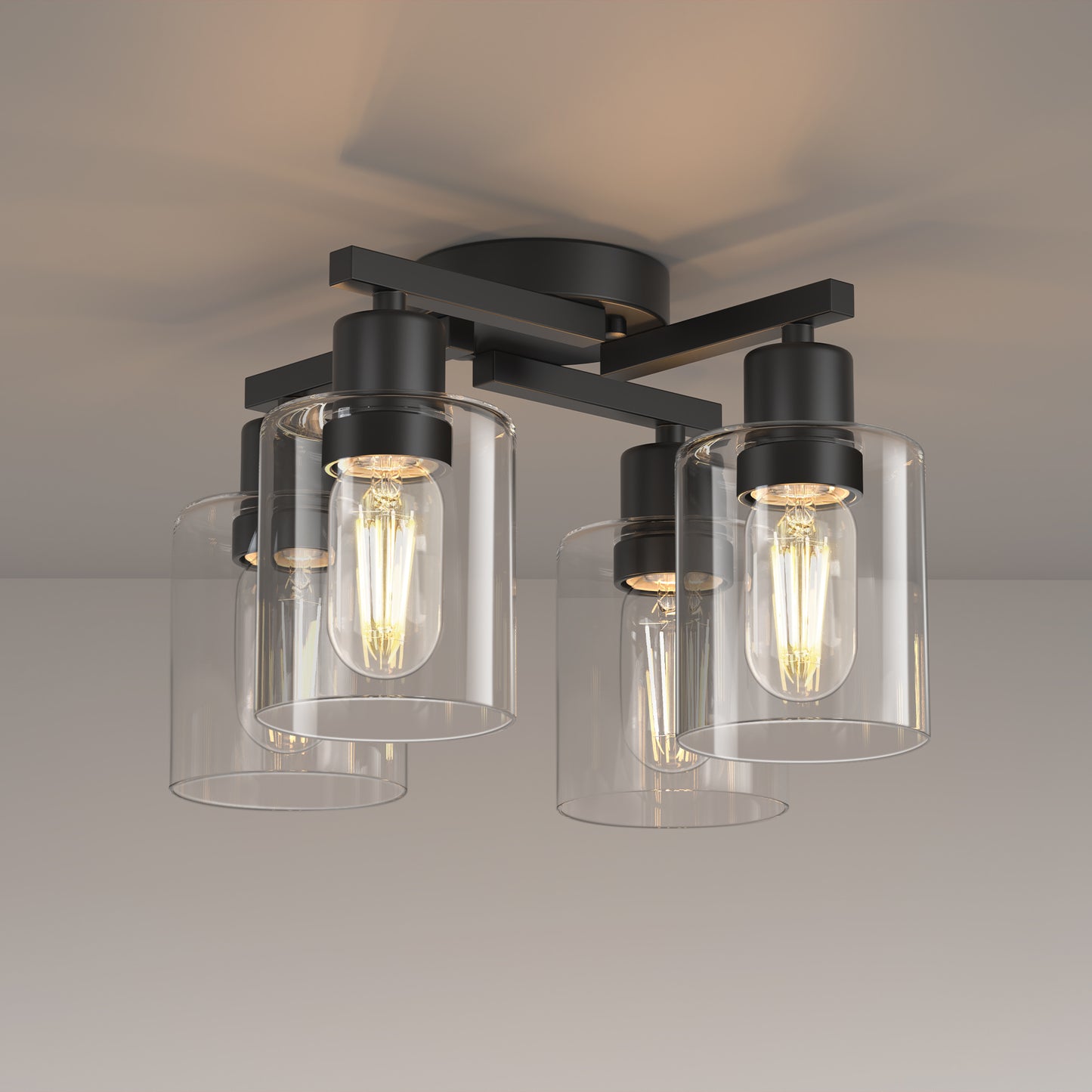 YANSUN 13.2 in. 4-Light Semi-Flush Mount Ceiling Light, Branch Design, Matte Black, Clear Glass Shades, Non-Integrated Bulb
