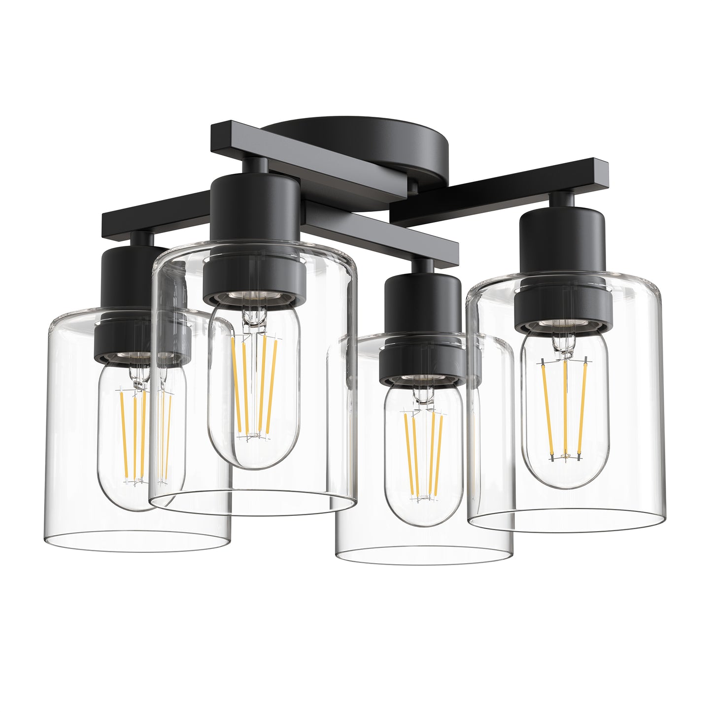 YANSUN 13.2 in. 4-Light Semi-Flush Mount Ceiling Light, Branch Design, Matte Black, Clear Glass Shades, Non-Integrated Bulb