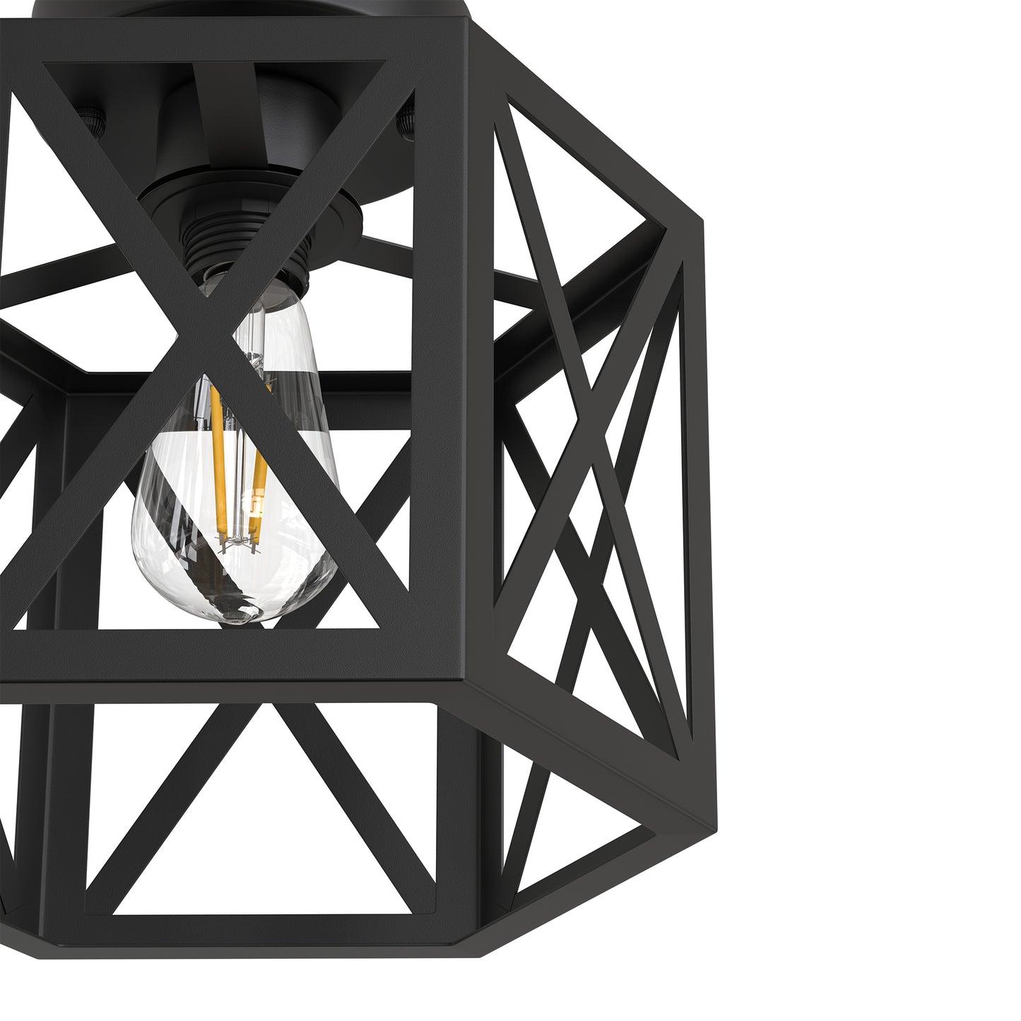YANSUN 9.4 in. Industrial Matte Black Hexagon Semi Flush Mount Ceiling Light with Black Metal Shade for Foryers, E26 Socket,