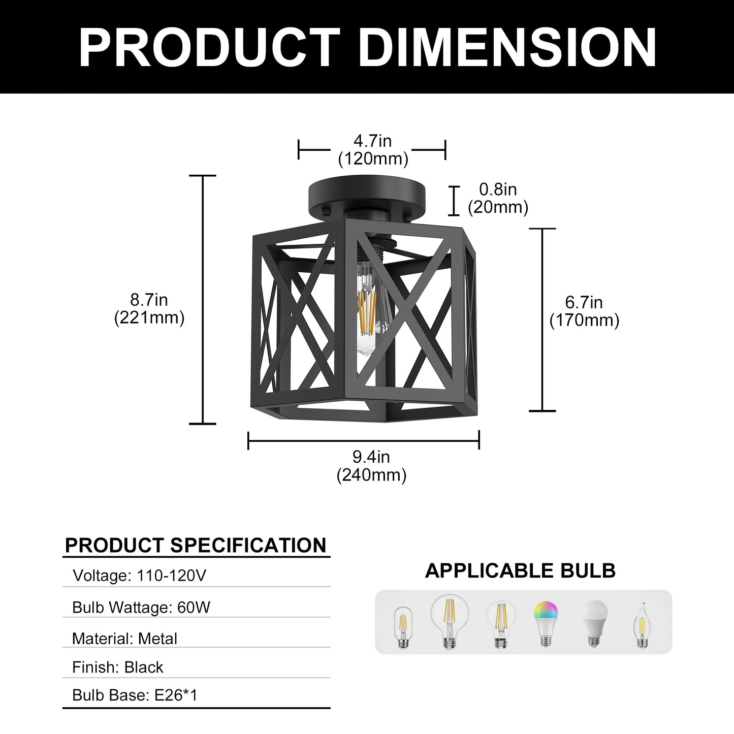 YANSUN 9.4 in. Industrial Matte Black Hexagon Semi Flush Mount Ceiling Light with Black Metal Shade for Foryers, E26 Socket,