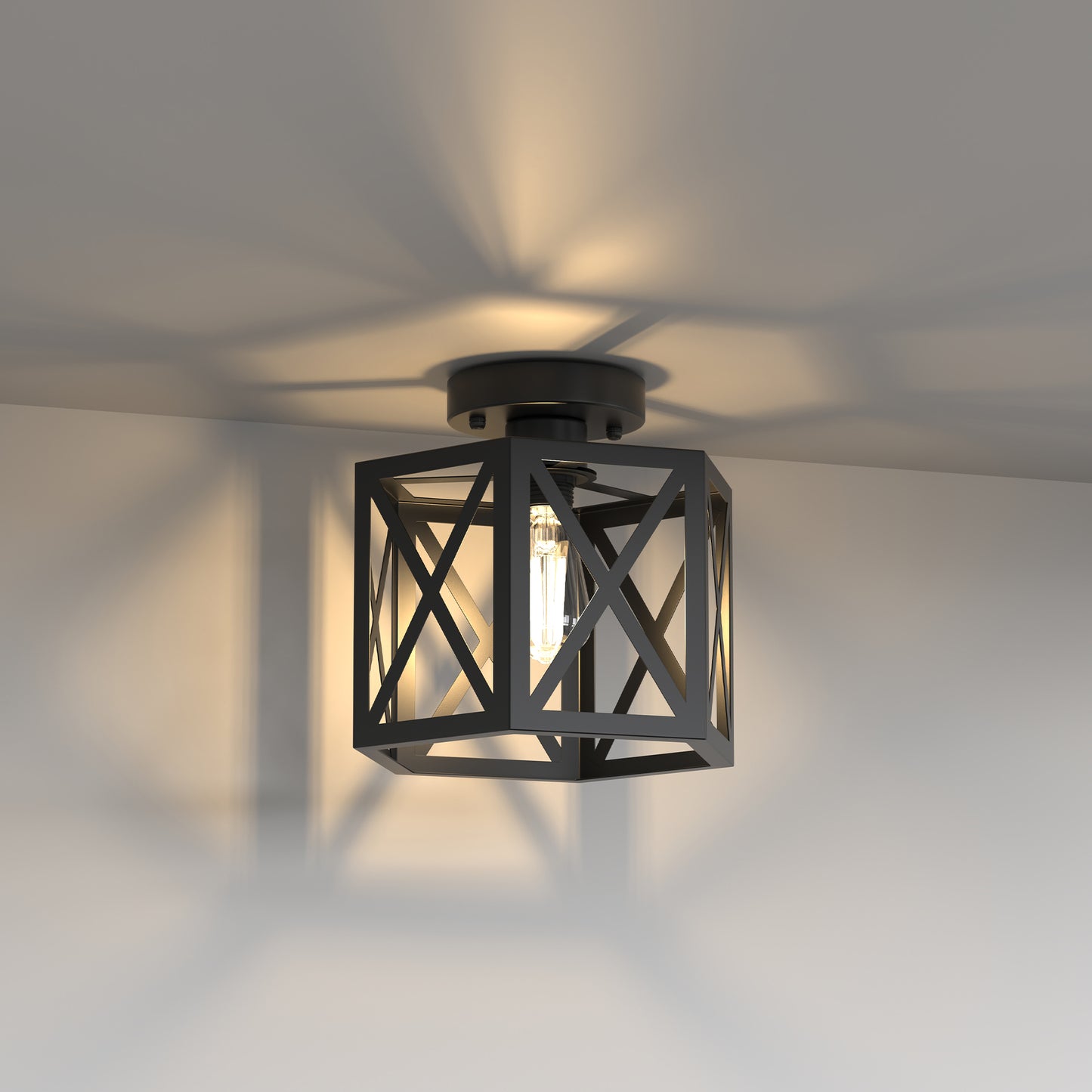 YANSUN 9.4 in. Industrial Matte Black Hexagon Semi Flush Mount Ceiling Light with Black Metal Shade for Foryers, E26 Socket,