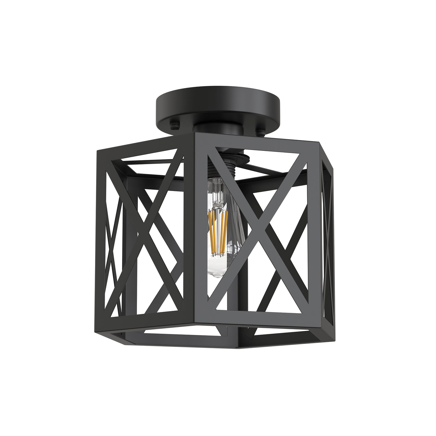 YANSUN 9.4 in. Industrial Matte Black Hexagon Semi Flush Mount Ceiling Light with Black Metal Shade for Foryers, E26 Socket,