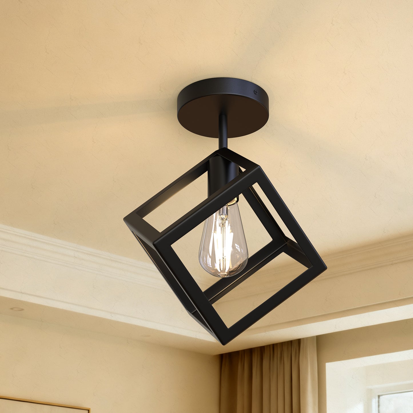 YANSUN Modern Square Flush Mount Ceiling Light, Geometric Metal Frame in Matte Black Finish, 6.3in Diameter