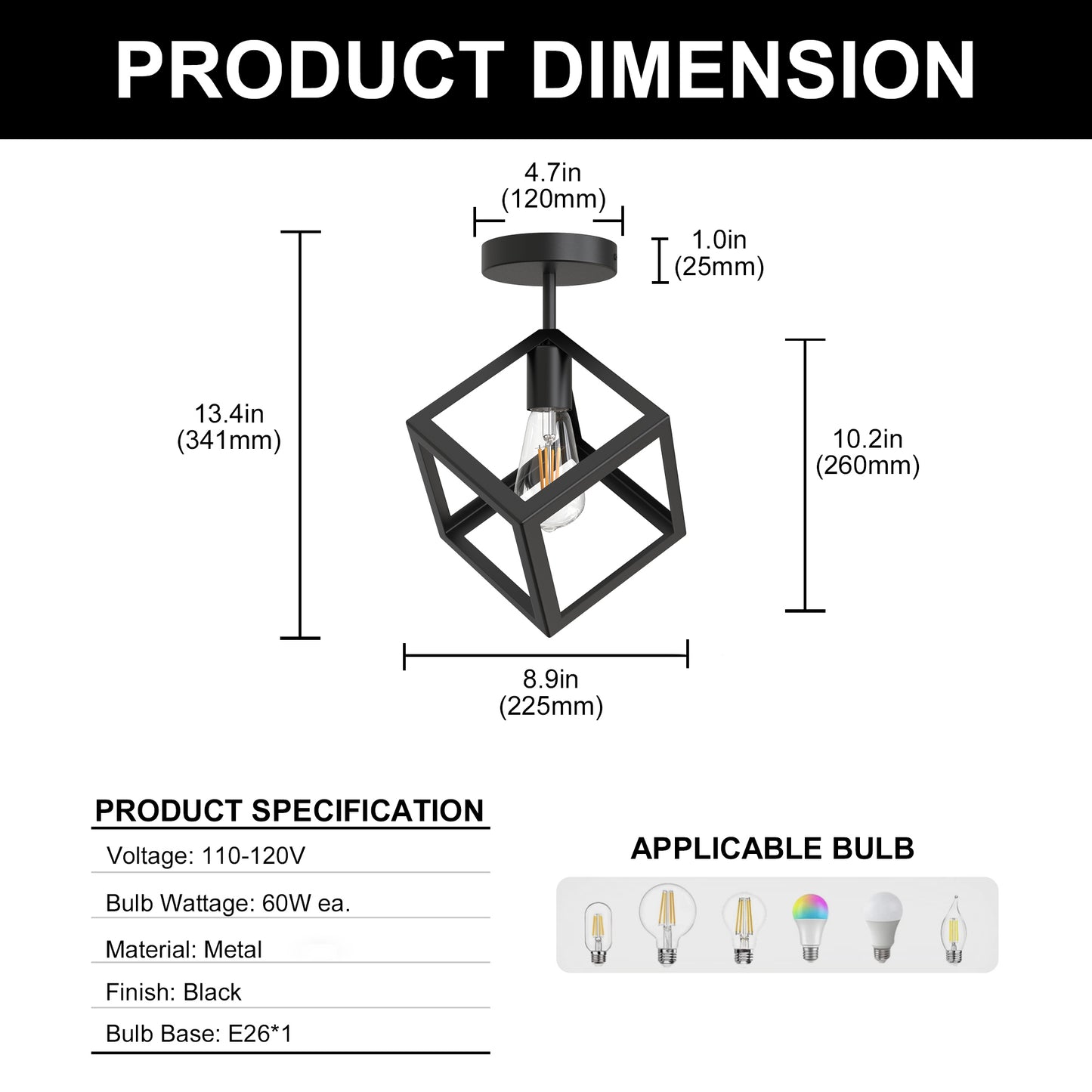 YANSUN Geometric Black Semi Flush Ceiling Light Metal Frame 6.29in E26 Bulb Not Included