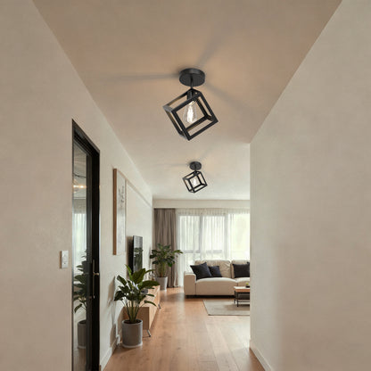 YANSUN Modern Square Flush Mount Ceiling Light, Geometric Metal Frame in Matte Black Finish, 6.3in Diameter