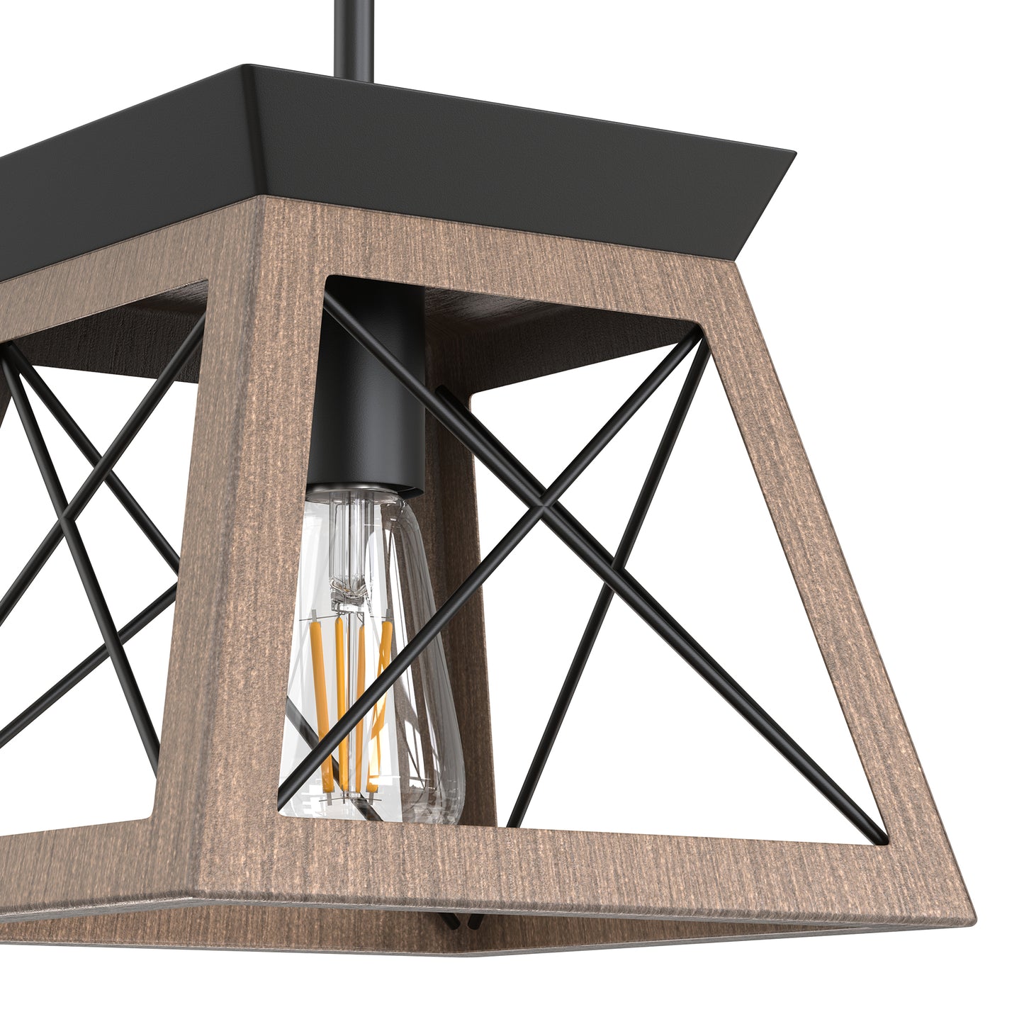 YANSUN 1-Light Rustic Industrial Pendant Light with Dark Wood Grain Finish Iron Rod Hanging Ceiling Fixture