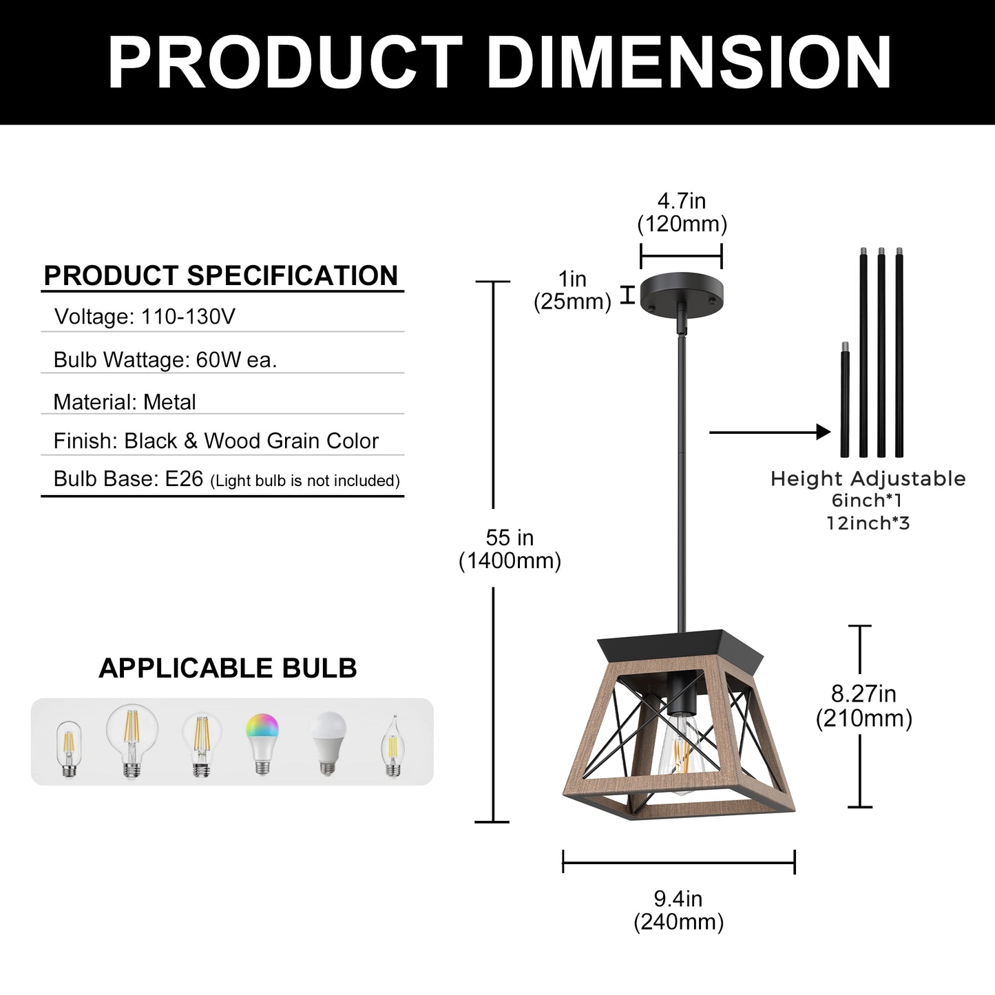 YANSUN 1-Light Rustic Industrial Pendant Light with Dark Wood Grain Finish Iron Rod Hanging Ceiling Fixture