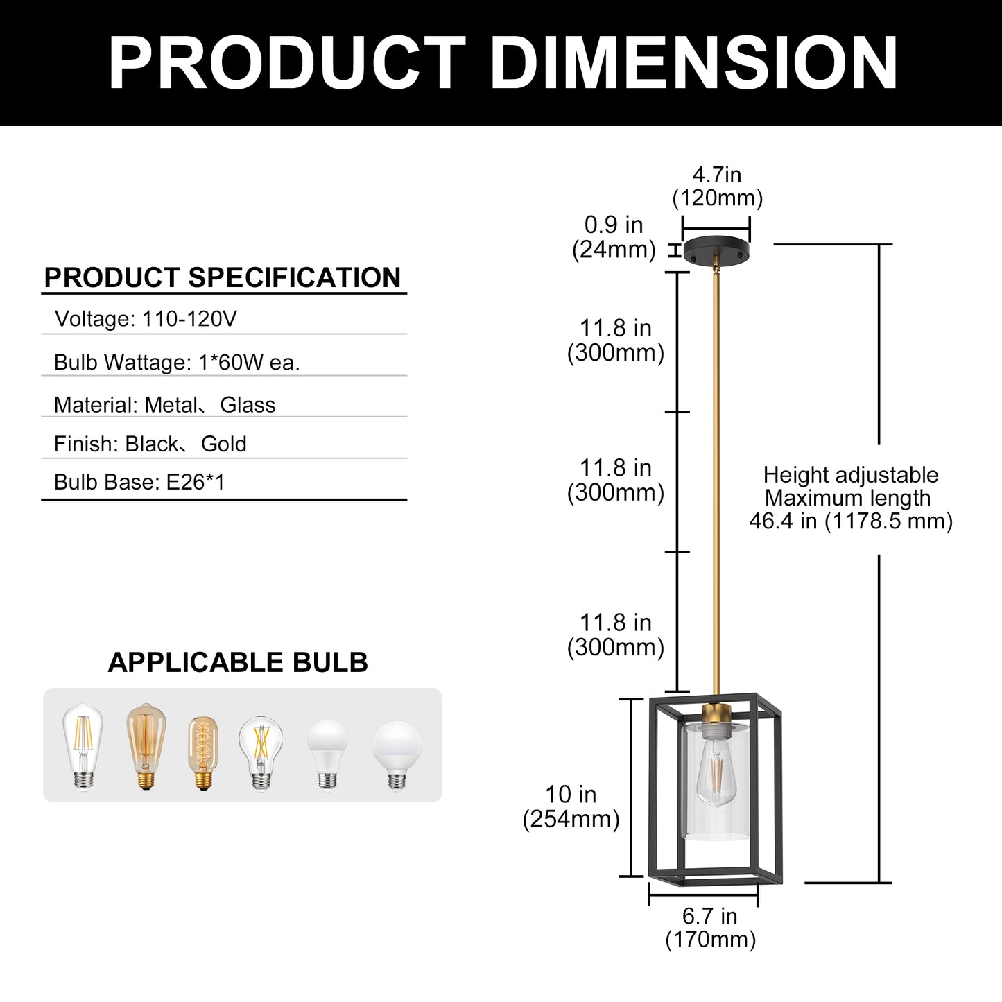 YANSUN 1-Light Modern Pendant Light, Black and Gold Hanging Ceiling Light Fixture E26, Industrial Vintage Single Light for Kitchen Island Dining Room