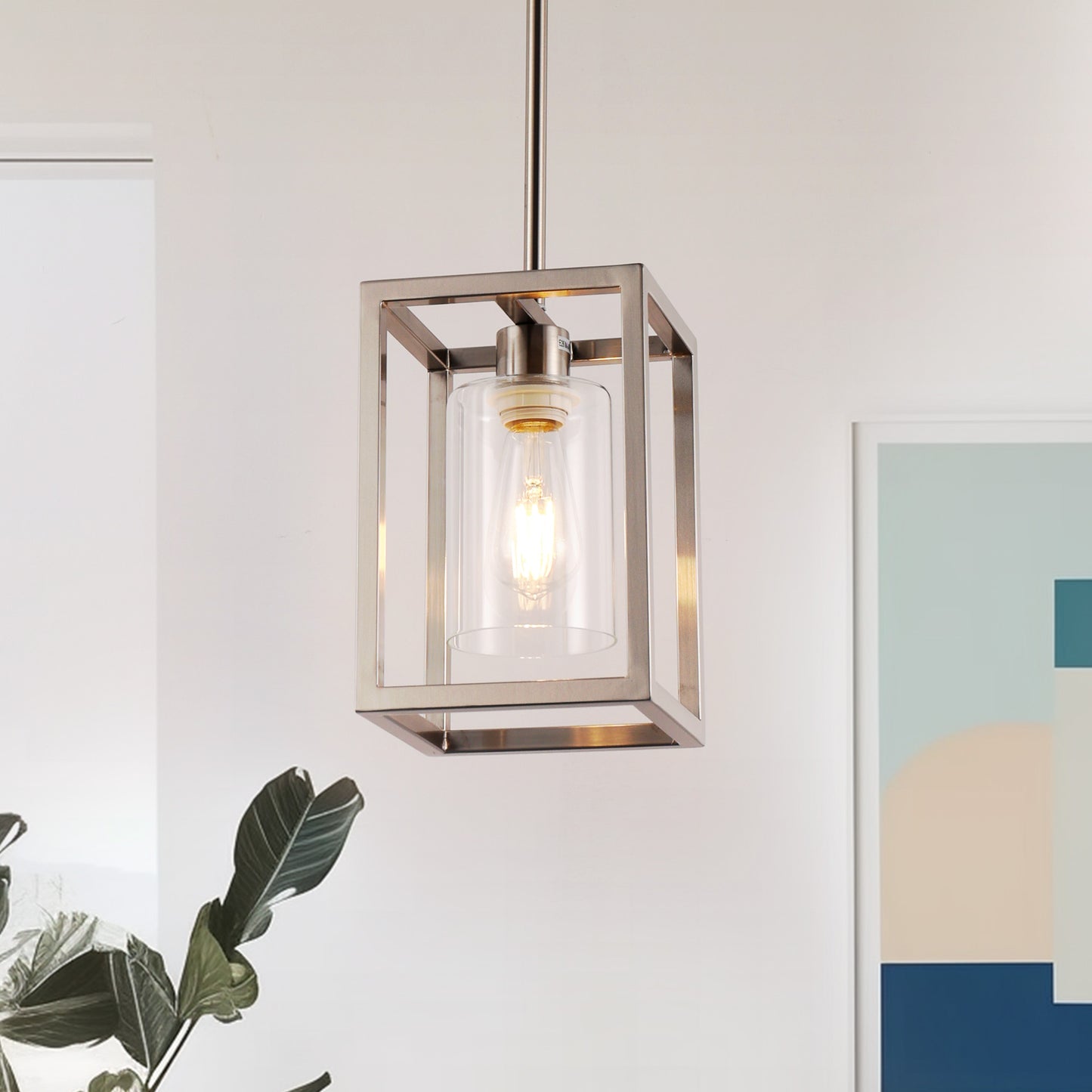 1-Light Brushed Nickel Kitchen Island Pendant Light with Down Rod Hanging Light Fixture with Clear Glass Shade
