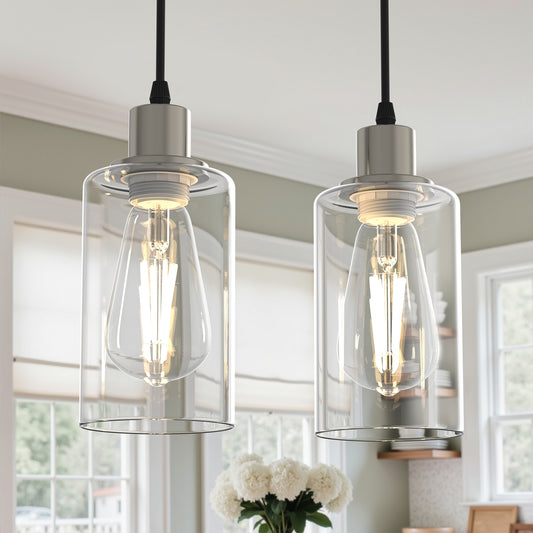 YANSUN 1 Light Nickel Pendant Light with Clear Glass Shade for Kitchen and Dining Room, No Bulbs Included (Set of 2)