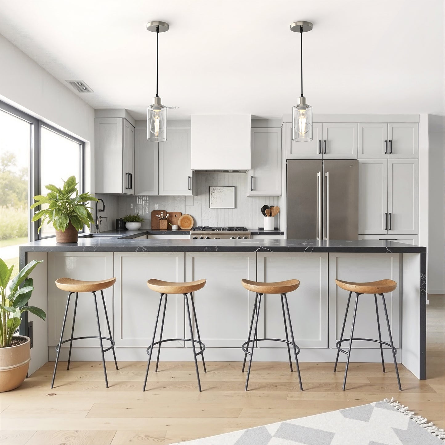 YANSUN 1 Light Nickel Pendant Light with Clear Glass Shade for Kitchen and Dining Room, No Bulbs Included (Set of 2)